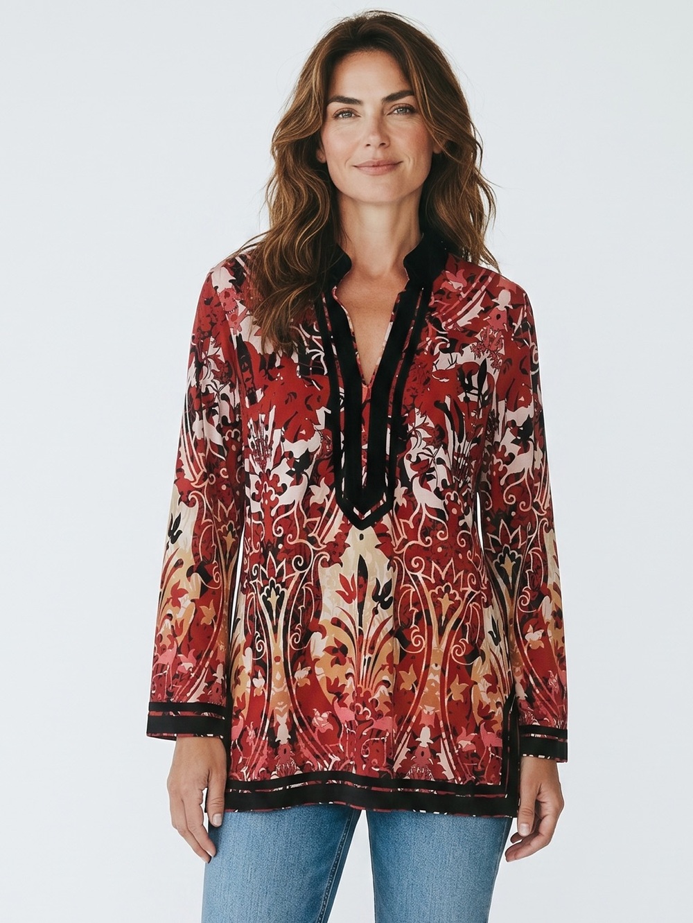 DANA BUCHMAN Woman Red Floral Print Tunic Top Black Collar V-Neck Plus Size 1X
